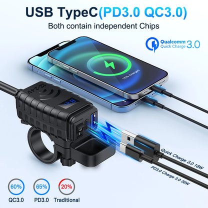 Anchtek 48W Motorcycle USB Charger QC3.0 &PD Quick Charge 3.0 Motorcycle USB Type C Phone Charger with Voltmeter & On/Off Switch