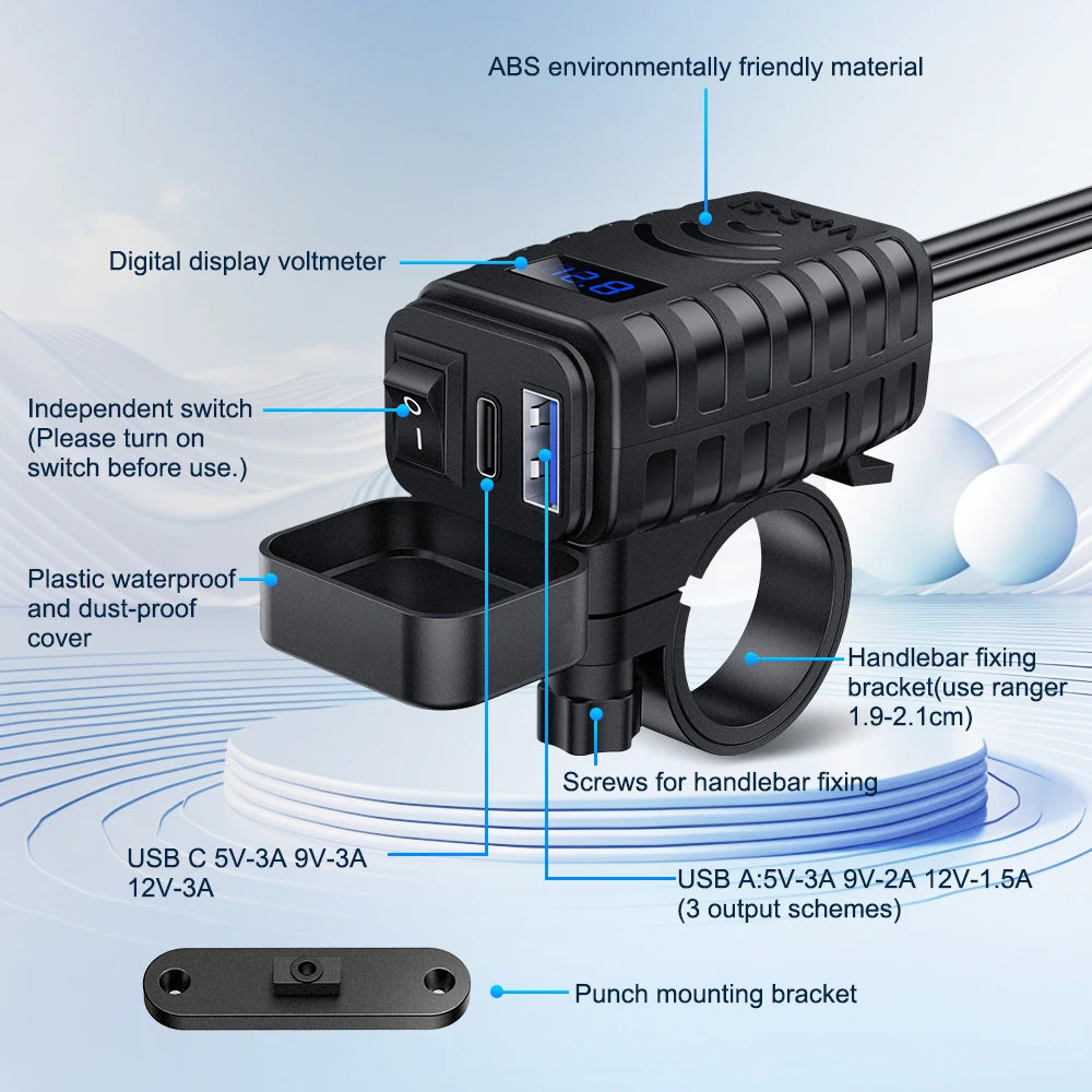 Anchtek 48W Motorcycle USB Charger QC3.0 &PD Quick Charge 3.0 Motorcycle USB Type C Phone Charger with Voltmeter & On/Off Switch