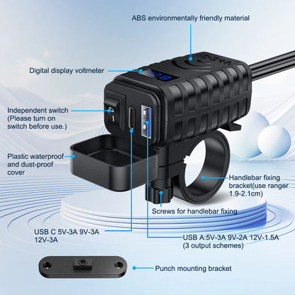 Anchtek 48W Motorcycle USB Charger QC3.0 &PD Quick Charge 3.0 Motorcycle USB Type C Phone Charger with Voltmeter & On/Off Switch