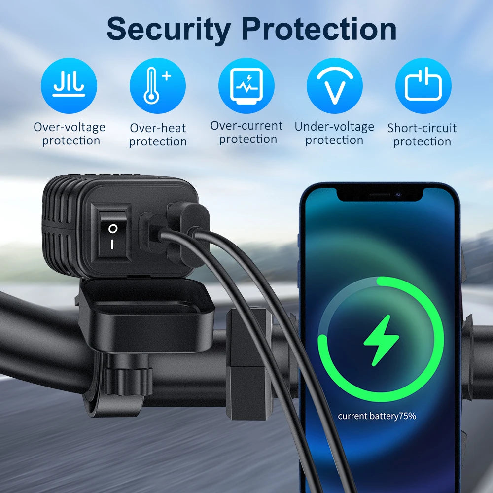 Anchtek 48W Motorcycle USB Charger QC3.0 &PD Quick Charge 3.0 Motorcycle USB Type C Phone Charger with Voltmeter & On/Off Switch