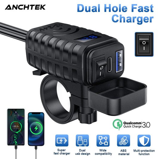 Anchtek 48W Motorcycle USB Charger QC3.0 &PD Quick Charge 3.0 Motorcycle USB Type C Phone Charger with Voltmeter & On/Off Switch