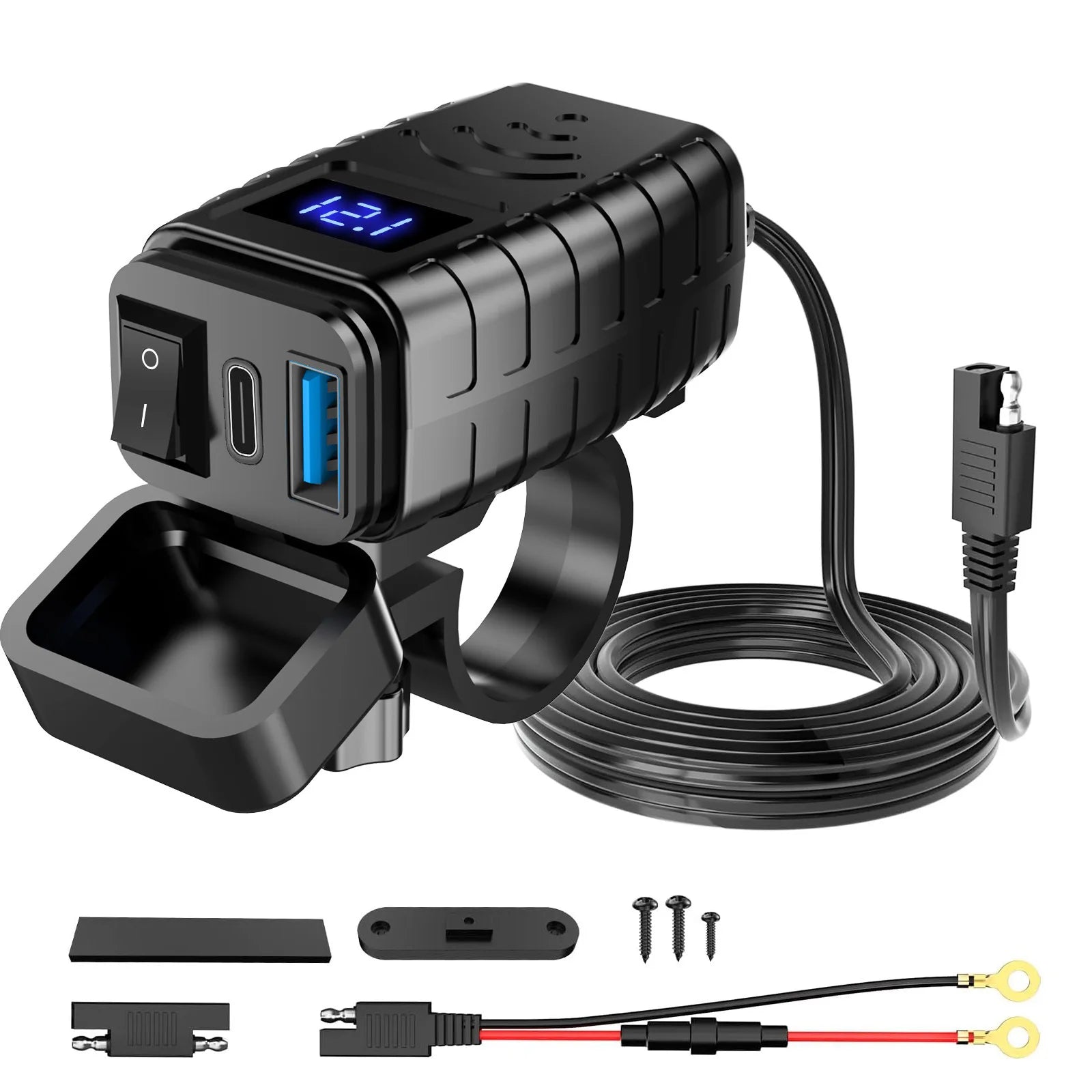 Anchtek 48W Motorcycle USB Charger QC3.0 &PD Quick Charge 3.0 Motorcycle USB Type C Phone Charger with Voltmeter & On/Off Switch