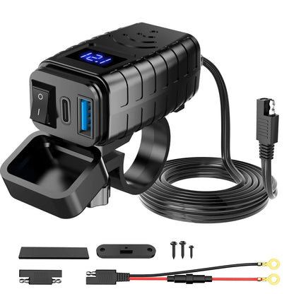 Anchtek 48W Motorcycle USB Charger QC3.0 &PD Quick Charge 3.0 Motorcycle USB Type C Phone Charger with Voltmeter & On/Off Switch